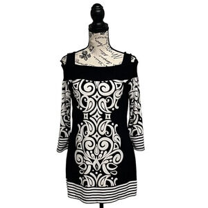 Cache Womens Black White Geometrical Cold Shoulder Mini Jersey Knit Dress M